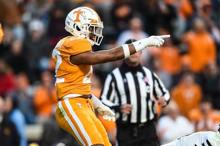 Tennessee Volunteers defensive back Theo Jackson (26) celebrates after a sack during the first half against the Vanderbilt Commodores at Neyland Stadium.